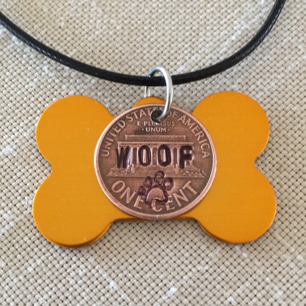 WOOF Dog Bone Necklace Gold Color Handcrafted Artisan Stamped Penny Paw